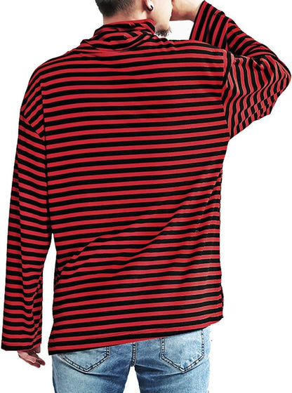 Black and white striped crewneck men's T-shirt by Hotmiss, featuring soft cotton-spandex long sleeves for comfortable wear.