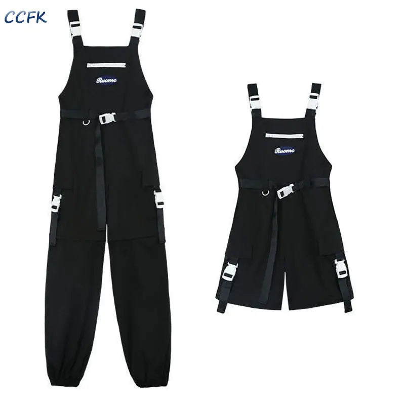 Gothic techwear cargo pants for women featuring high waist, detachable shorts, Harajuku streetwear style, black fabric with utility pockets