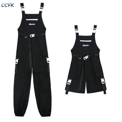 Gothic techwear cargo pants for women featuring high waist, detachable shorts, Harajuku streetwear style, black fabric with utility pockets