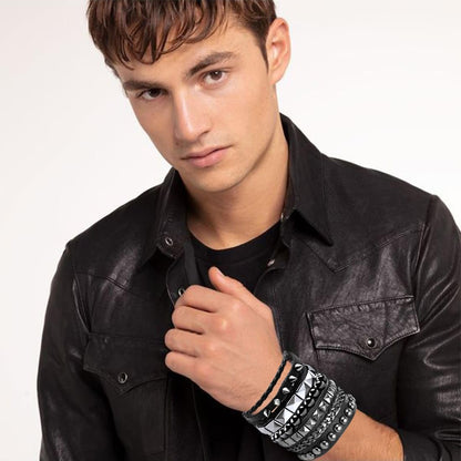 4 Pcs Punk Rock Leather Studded Bracelets for Men Women 80S Gothic Spike Cuff Bracelet Set Emo Accessories for Rocker Outfits