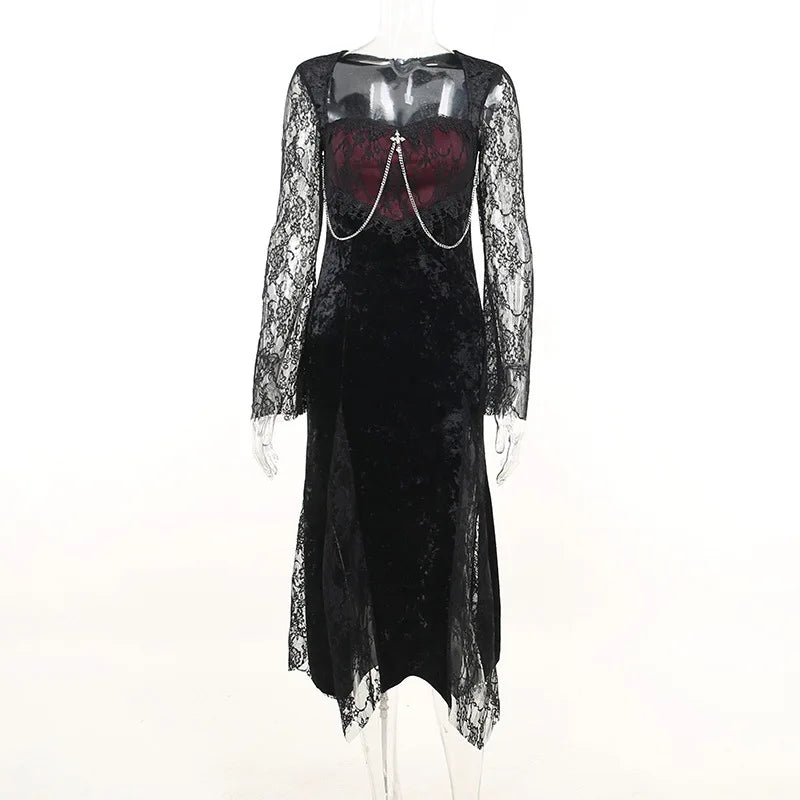 Elegant black velvet midi dress with lace splice, perfect gothic e-girl evening attire, featuring a chic and stylish design.