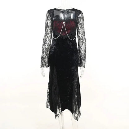 Elegant black velvet midi dress with lace splice, perfect gothic e-girl evening attire, featuring a chic and stylish design.