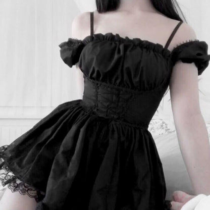 Vintage Punk Gothic Lolita mini dress with puff sleeves, A-line swing style, featuring dark, intricate details for a unique fashion look.