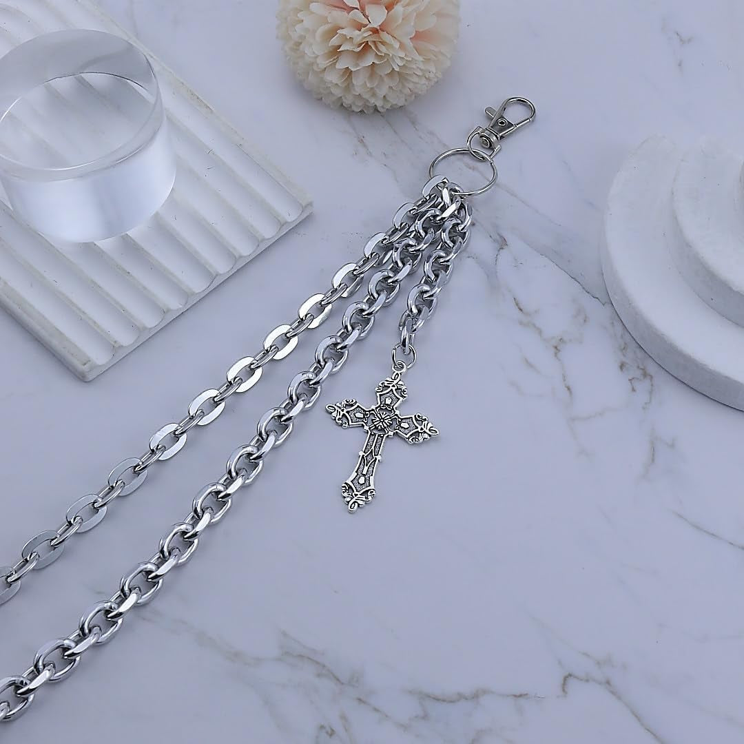 Silver layered punk wallet chain with heart, cross, rivets, and tassel from ANGLEQUEEN, suitable for men and women.