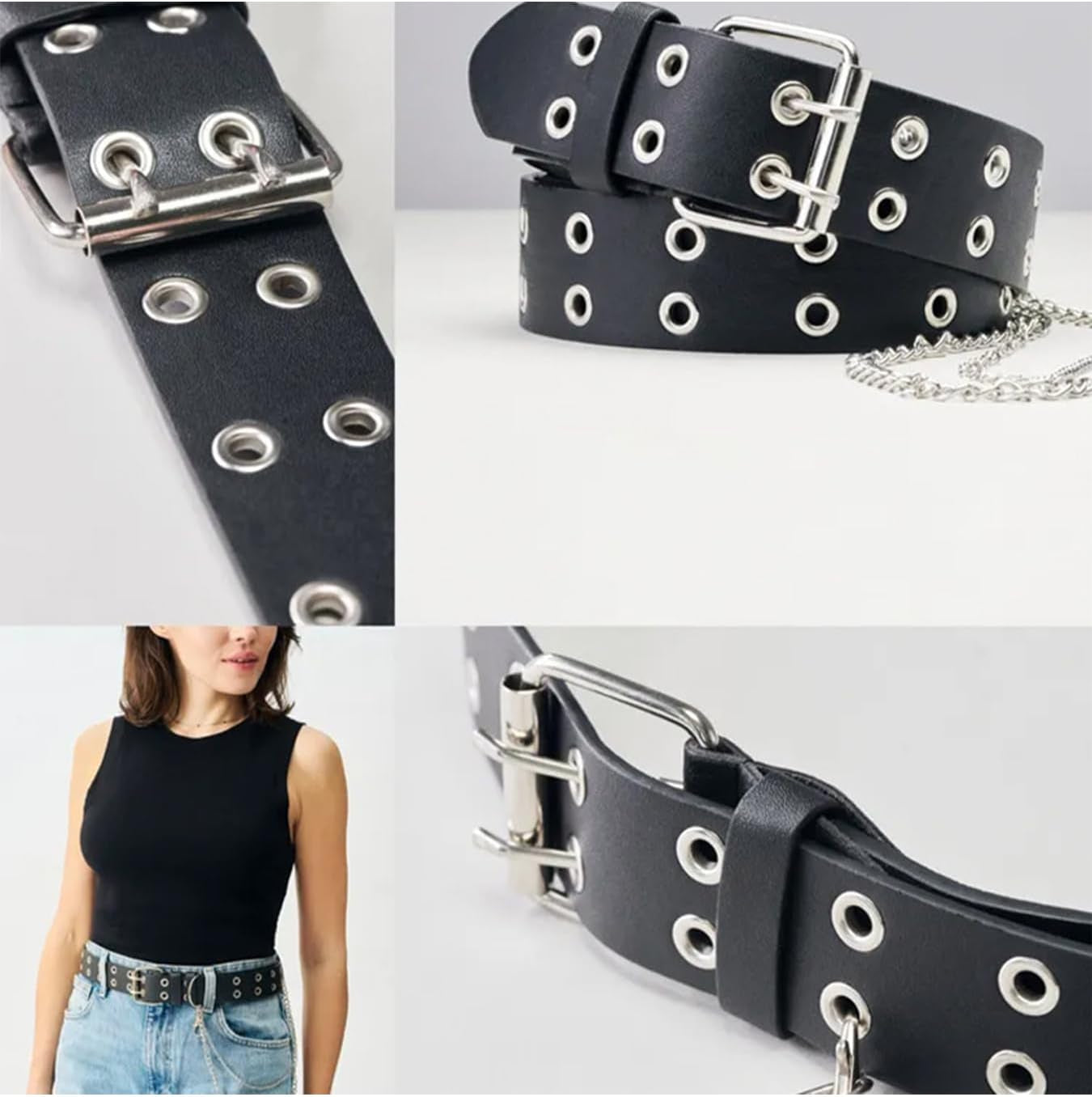 QWALIT punk chain belt for women with leather strap, ideal for goth fashion and rave outfits, featuring bold metal chain details.