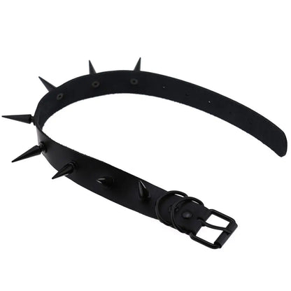 Black vegan leather spiked choker necklace with edgy design, ideal for goth, witch, and cosplay fashion styles.
