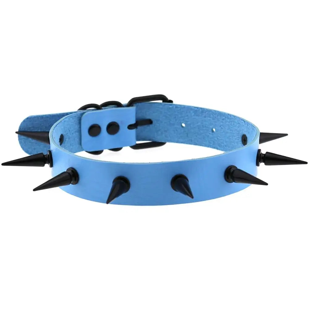 Black vegan leather choker necklace with silver spikes, ideal for goth, witch, and cosplay fashion styles.