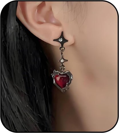 Vintage Gothic Earrings for Women Dangling Rhinestone Red Heart Black Earrings Vampire Costume Cosplay Halloween Party Accessories Jewelry