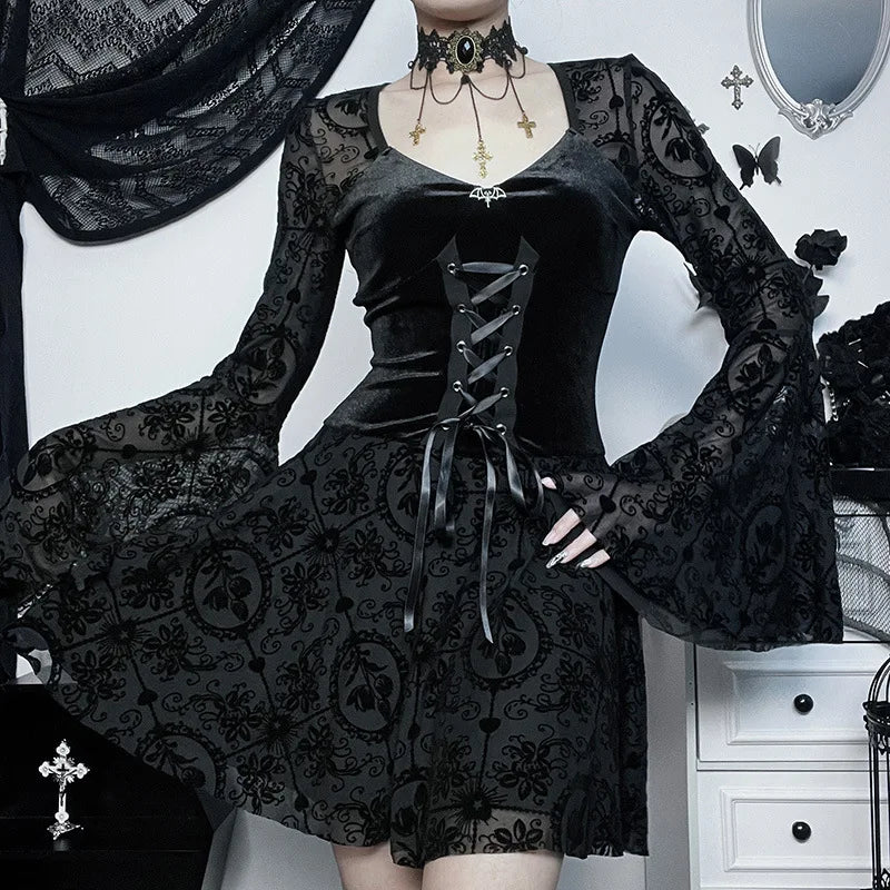 Vintage gothic velvet dress with flare sleeves, grunge punk style, perfect for women’s party outfit by PressureDen.store