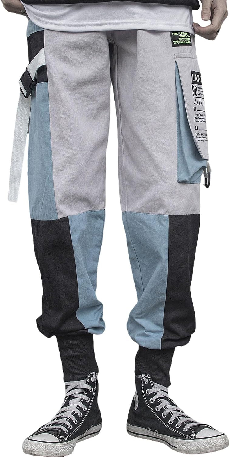 Men's tactical techwear harem pants by PressureDen in blue, stylish cyberpunk joggers with cargo pockets, size XL.