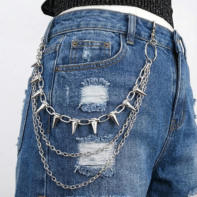 Layered punk spike and chain keychain for men and women, featuring edgy biker and goth style accessories.