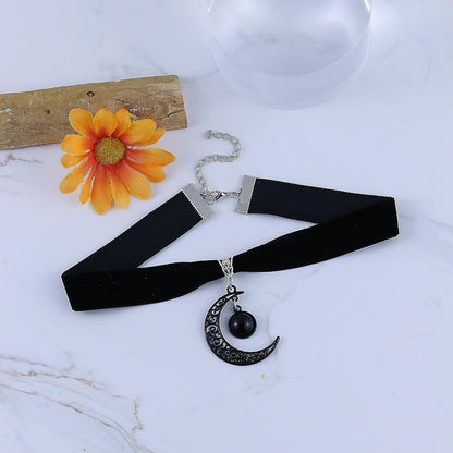 Gothic Black Velvet Moon Crystal Choker Necklace for Women,Black Choker Moon Necklace Vintage Punk Crescent Necklaces Goth Jewelry Witch Costume Accessories
