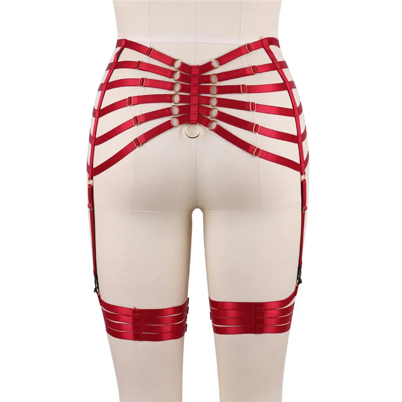Red Garters Belt Body Harness Bondage Stockings Suspenders Belt Elastic Adjust Strap Lingerie Goth Fetish Dance Wear