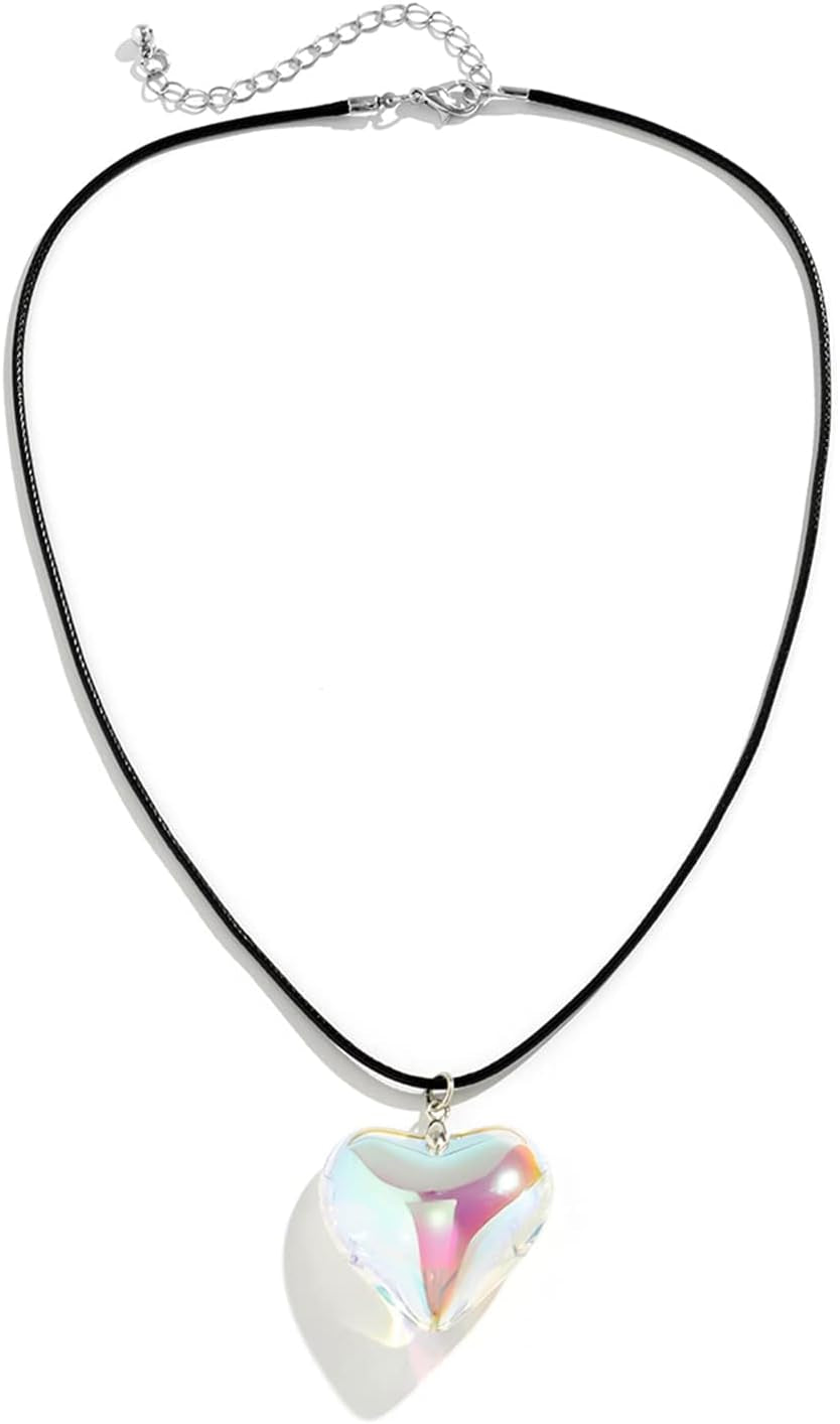 Chunky Puffy Heart Choker Necklace, Fashion Colored Glass Heart Pendant Y2K Trendy Jewelry Gifts for Women (Dazzle Heart)