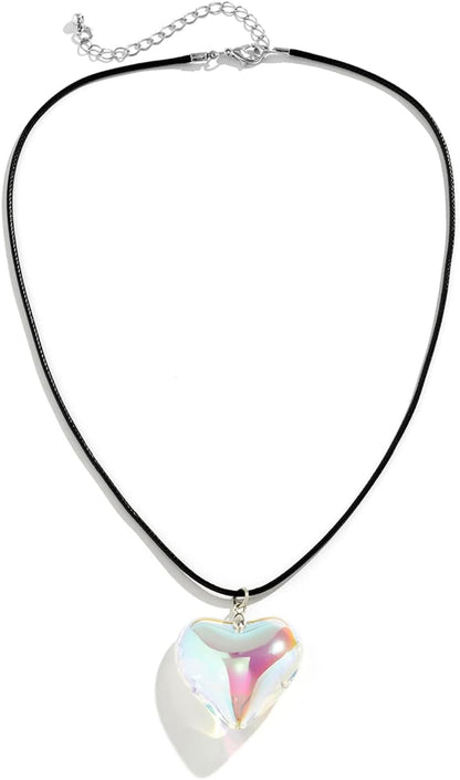 Chunky Puffy Heart Choker Necklace, Fashion Colored Glass Heart Pendant Y2K Trendy Jewelry Gifts for Women (Dazzle Heart)
