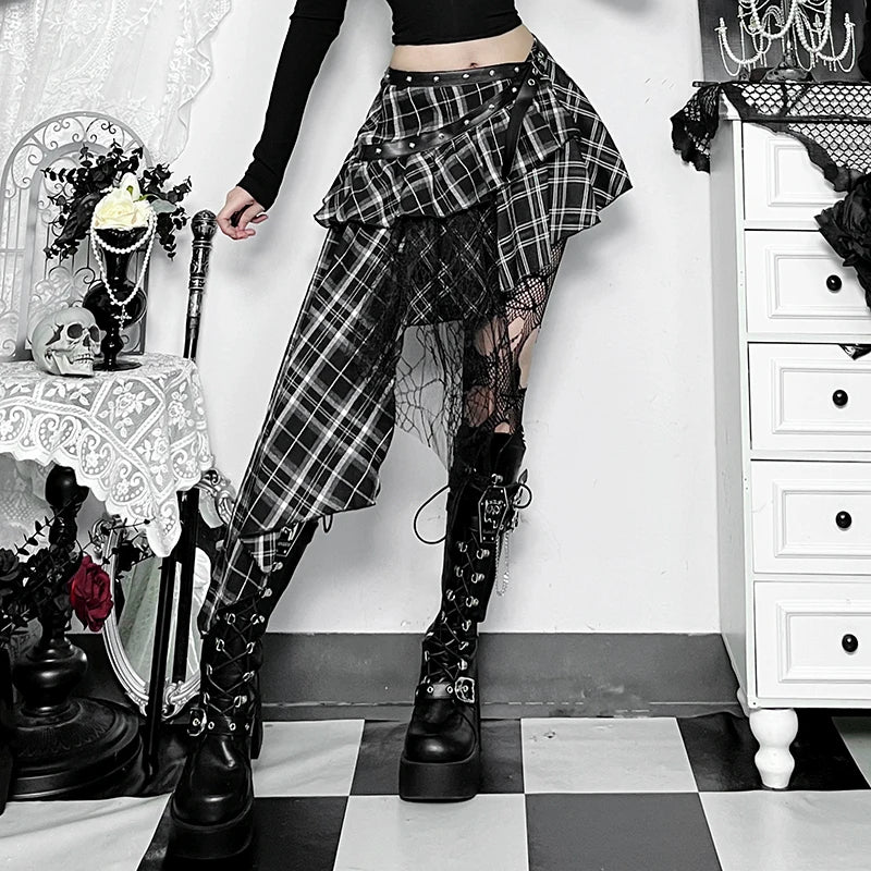 Y2K goth plaid pleated mini skirt for women, high-waisted summer streetwear with kawaii harajuku aesthetic, by PressureDen.