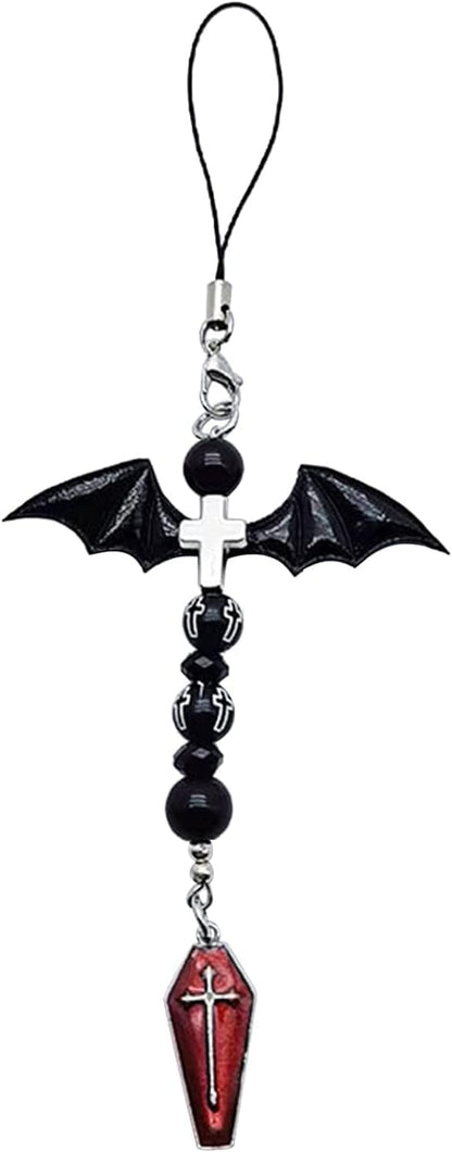 1Pc Black Mobile Phone Chain Pendant,Goth Y2K Phone Charm Pendant Kawaii-Key Chain for Bag Cute Accessory Women Guitar Strap Lanyard Beaded Keychain,Accessories