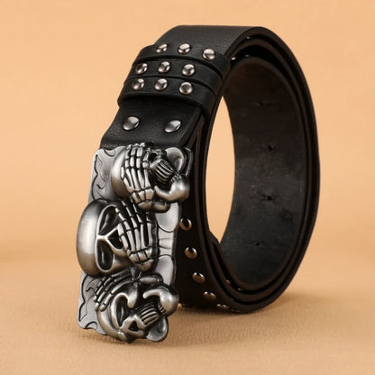 Luxury punk goth rivet belt by PressureDen.store featuring a black jeans belt with a paw skull buckle, suitable for men and women.