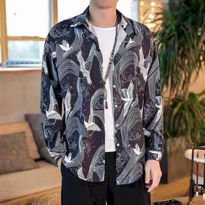 Long sleeve goth shirt for men and women with lightning design, featuring a retro hip-hop style in black and white.
