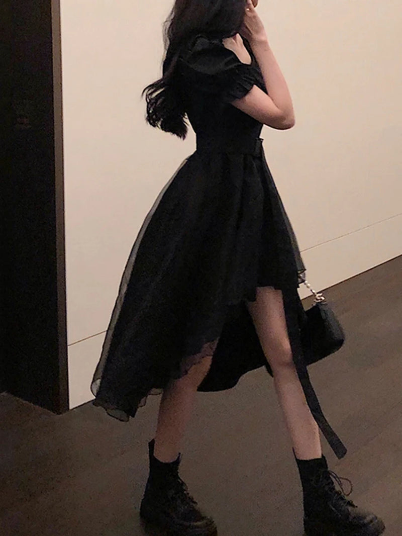 Y2K Harajuku Gothic dress with ruffles, mini length, featuring kawaii and fairycore style elements, worn by a model.