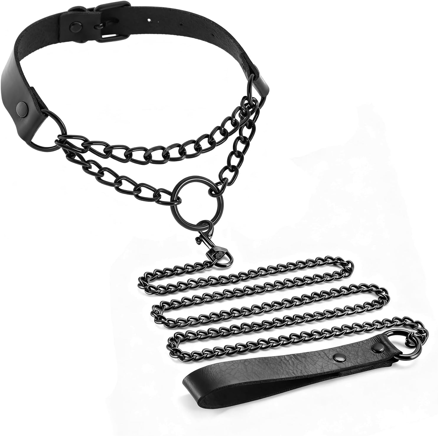 Black Gothic Leash and Collar Set, Leather Chain Necklace Punk Rock Body Chain Belt Fashion Jewelry for Halloween