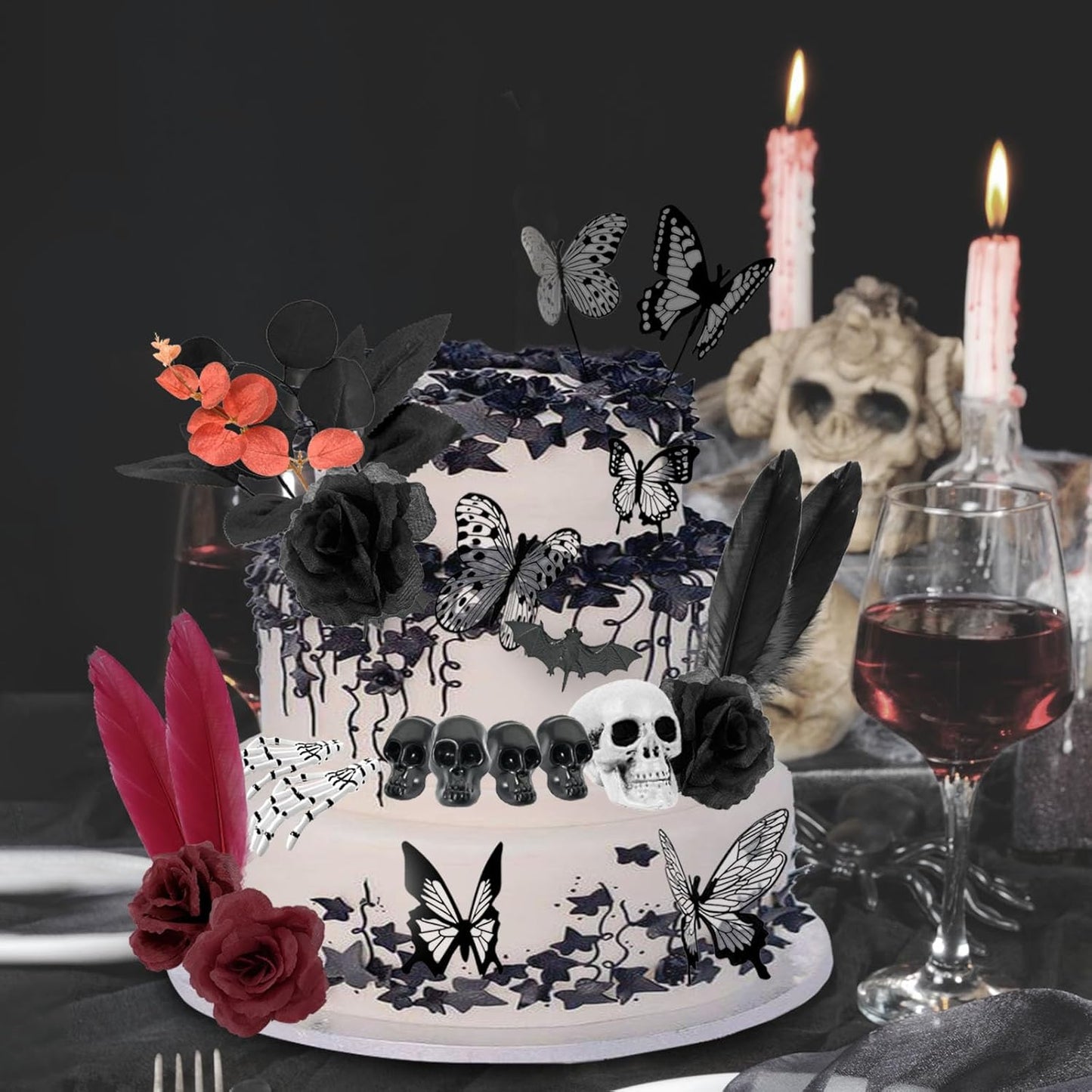 Gothic Cake Decorations - 26PCS Black Cake Toppers with Red Black Rose, Skull, Butterfly Cupcake Toppers for Goth Birthday, Wedding, Halloween
