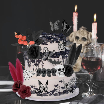Gothic Cake Decorations - 26PCS Black Cake Toppers with Red Black Rose, Skull, Butterfly Cupcake Toppers for Goth Birthday, Wedding, Halloween