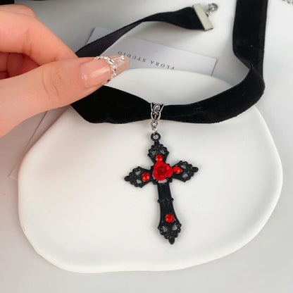 Gothic Cross Choker Necklace for Women Goth Emo Grunge Jewelry Accessories Y2K Red Black Halloween Christmas Gift