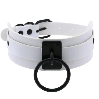 Gothic punk black leather O-ring metal choker necklace for women and girls, stylish Harajuku emo rock fashion jewelry.