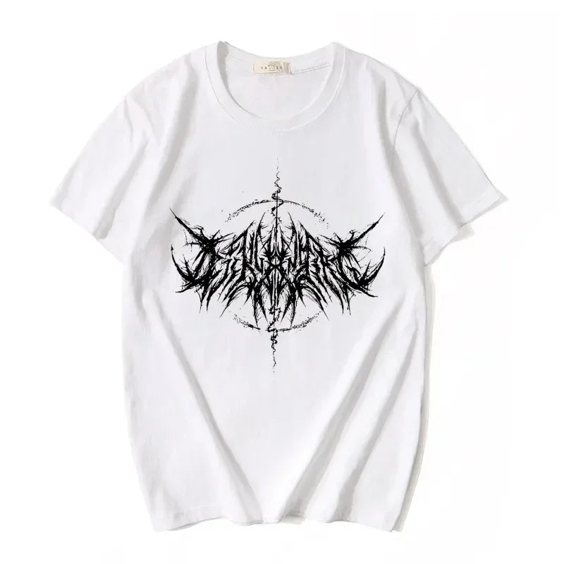 Vintage 90s hip hop kawaii T-shirt for women with lightning letter print, featuring Y2K goth punk casual style by PressureDen.