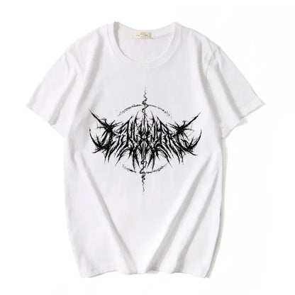 Vintage 90s hip hop kawaii T-shirt for women with lightning letter print, featuring Y2K goth punk casual style by PressureDen.