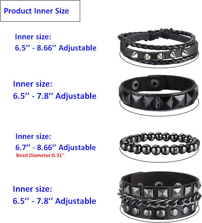 4 Pcs Punk Rock Leather Studded Bracelets for Men Women 80S Gothic Spike Cuff Bracelet Set Emo Accessories for Rocker Outfits