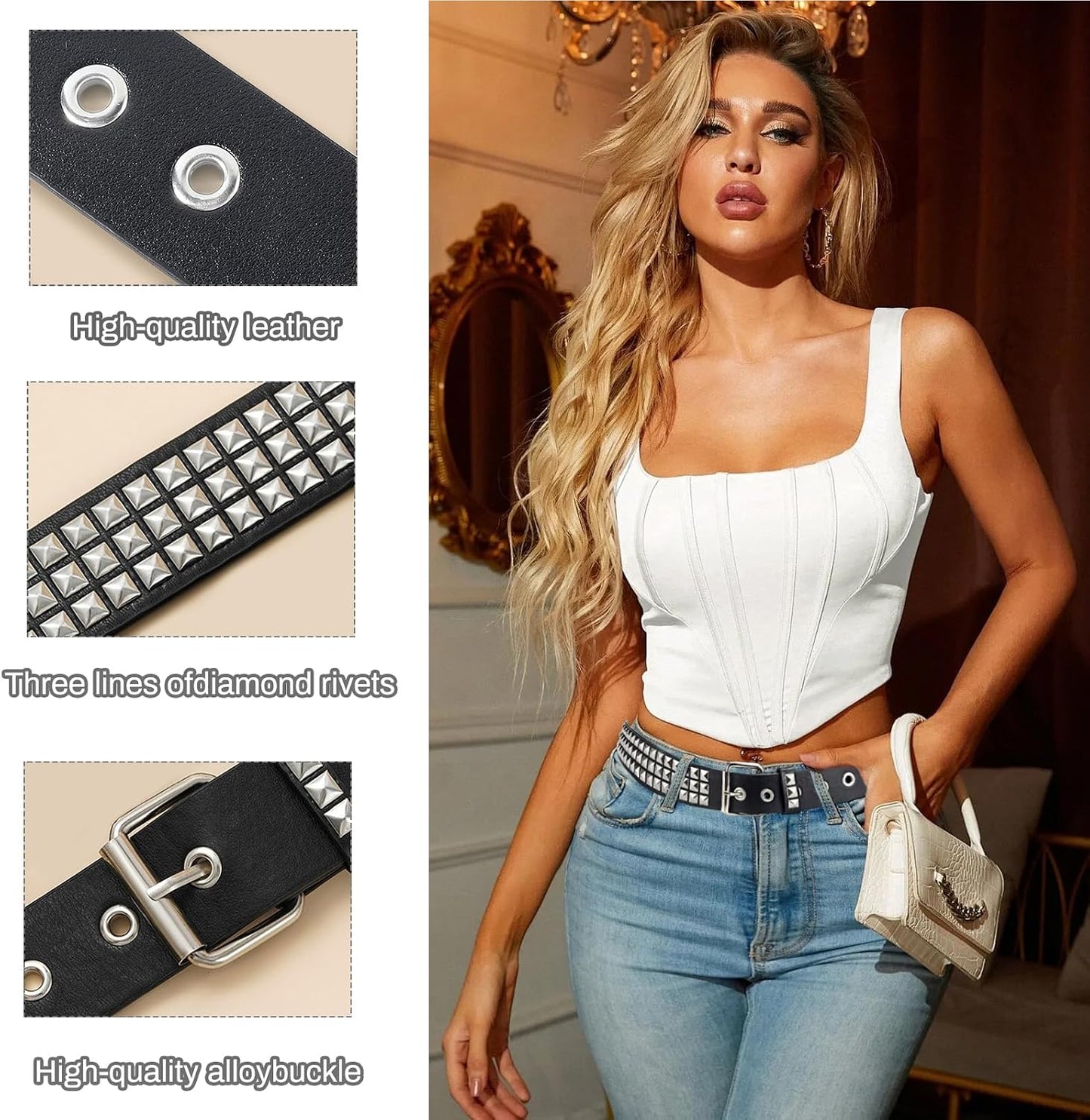 WQYILEAER 3-piece studded Y2K emo goth punk rock belt set with bullet details for men and women, featuring edgy, stylish design.