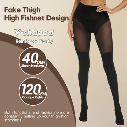 MANZI women's black faux thigh high opaque tights with over-knee length, stylish goth look, perfect for warmth and fashion.