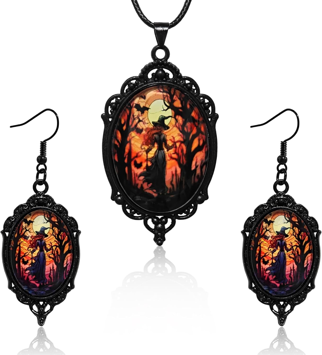 Mystic Witch Gothic Bat Glass Pendant Necklace, Victoria Cameo Black Stainless Steel Rope Chain Witchy Jewelry Choker with Earrings for Women for Halloween