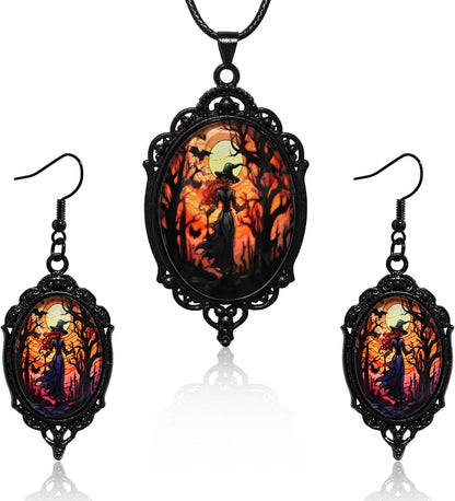 Mystic Witch Gothic Bat Glass Pendant Necklace, Victoria Cameo Black Stainless Steel Rope Chain Witchy Jewelry Choker with Earrings for Women for Halloween