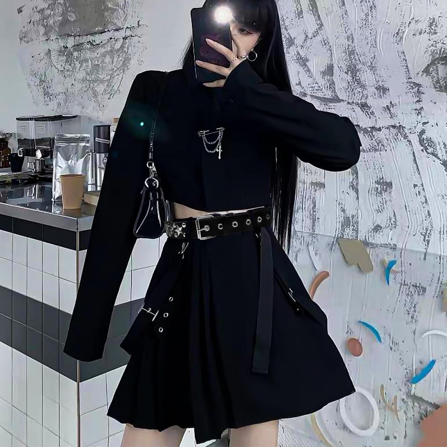 Black studded belt set with pyramid studs, Y2K punk rock style, featuring double grommets, for men and women by WQYILEAER.
