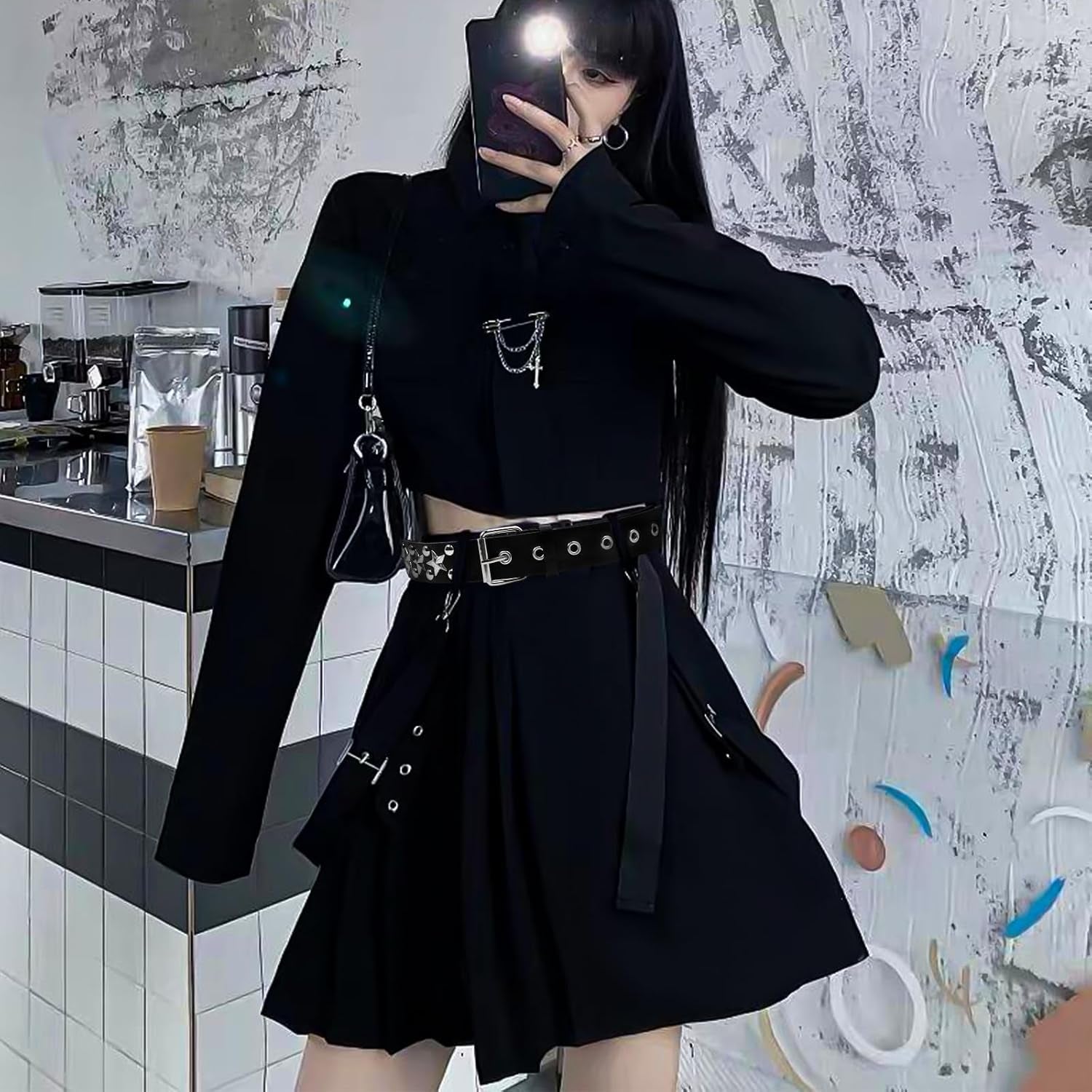 Black studded belt set with pyramid studs, Y2K punk rock style, featuring double grommets, for men and women by WQYILEAER.