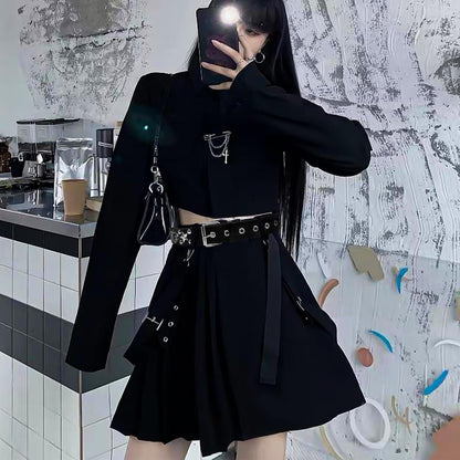 Black studded belt set with pyramid studs, Y2K punk rock style, featuring double grommets, for men and women by WQYILEAER.