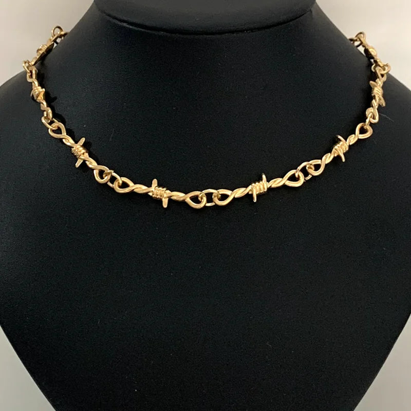 Gothic heart choker necklace with barbed wire design, hip-hop inspired jewelry for women, by PressureDen.store