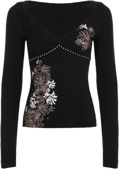 GGOOB Y2K floral V-neck long sleeve top with vintage fairy grunge style, featuring colorful floral pattern for trendy teen girls