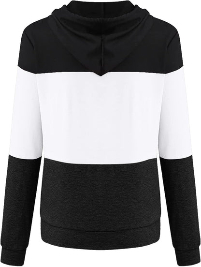 Women’s Akklian color block hoodie sweatshirt with long sleeves, drawstring hood, cozy fit, stylish casual pullover.