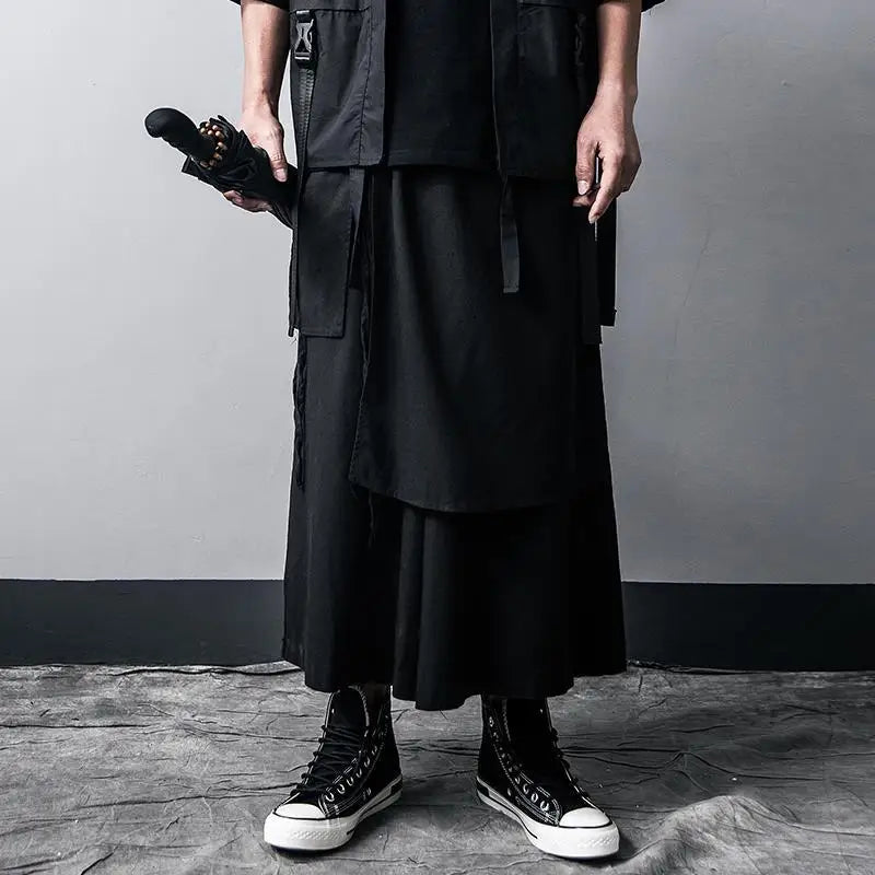 Men's black wide leg techwear pants by ARENS, stylish gothic summer streetwear trousers with a modern, urban look.