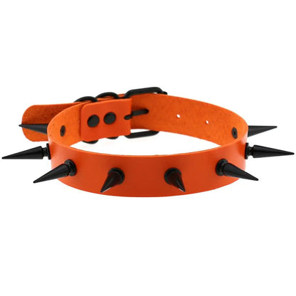 Black vegan leather choker necklace with metal spikes, ideal for goth, witch, and cosplay fashion styles.