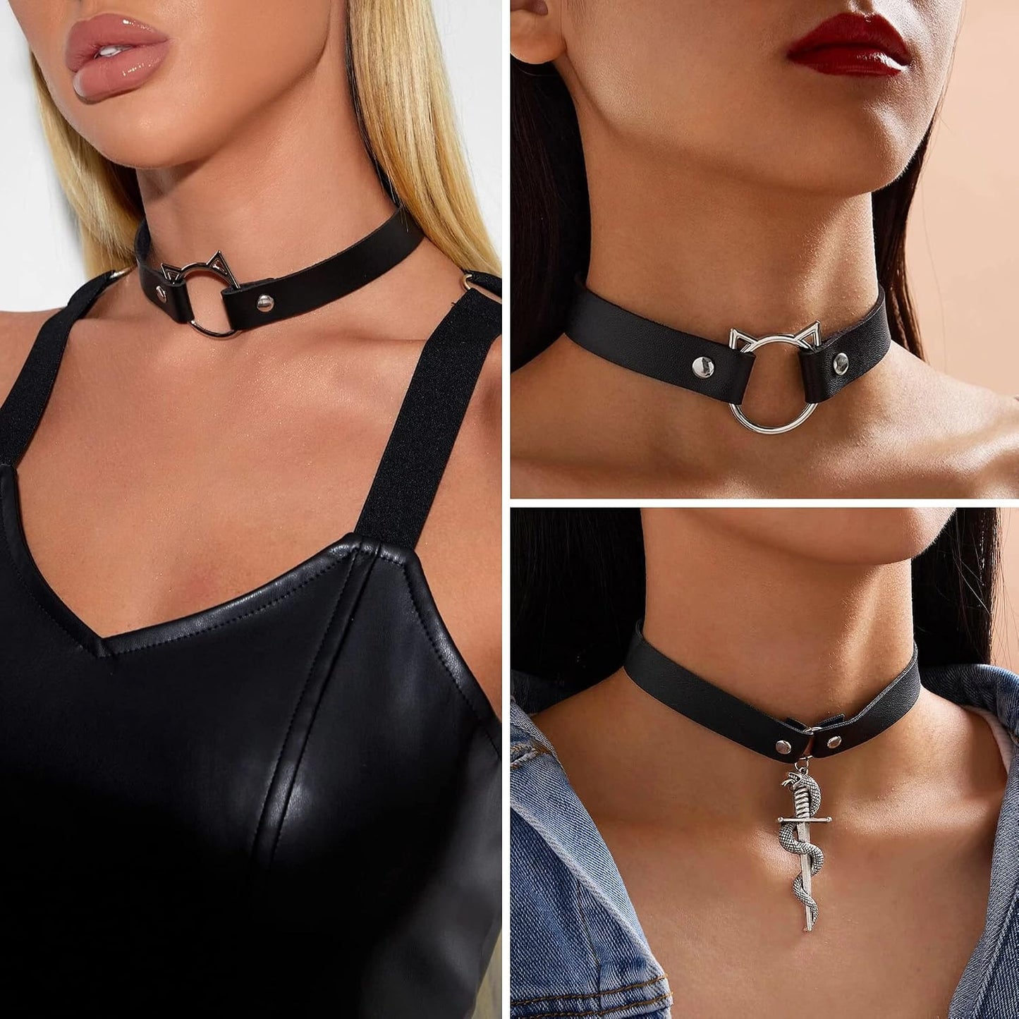 HAIAISO edgy punk goth choker necklace set with heart spikes, adjustable PU collar for bold women, 6-9 piece jewelry collection