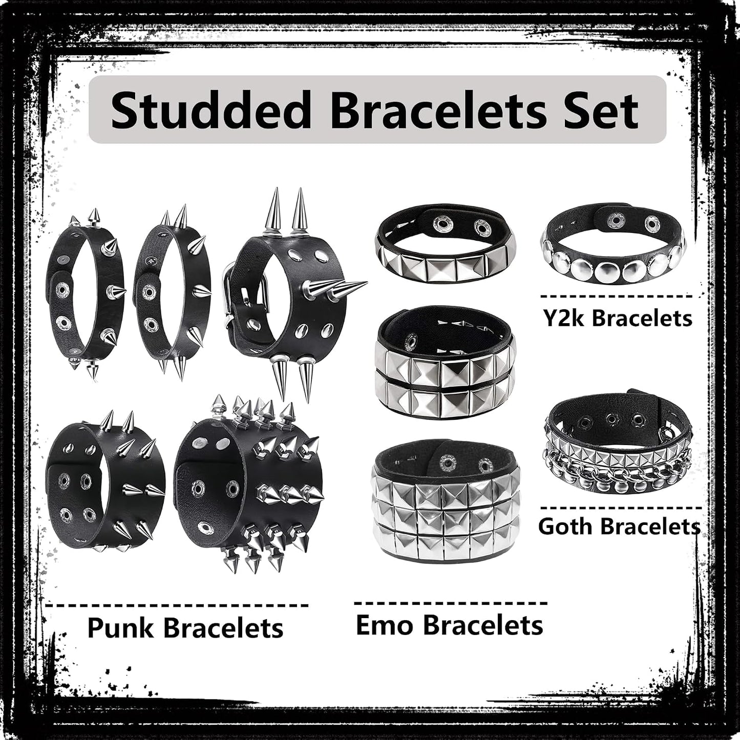 YMO edgy 10-piece studded bracelet set with black leather punk cuffs, perfect goth accessories for men and women.