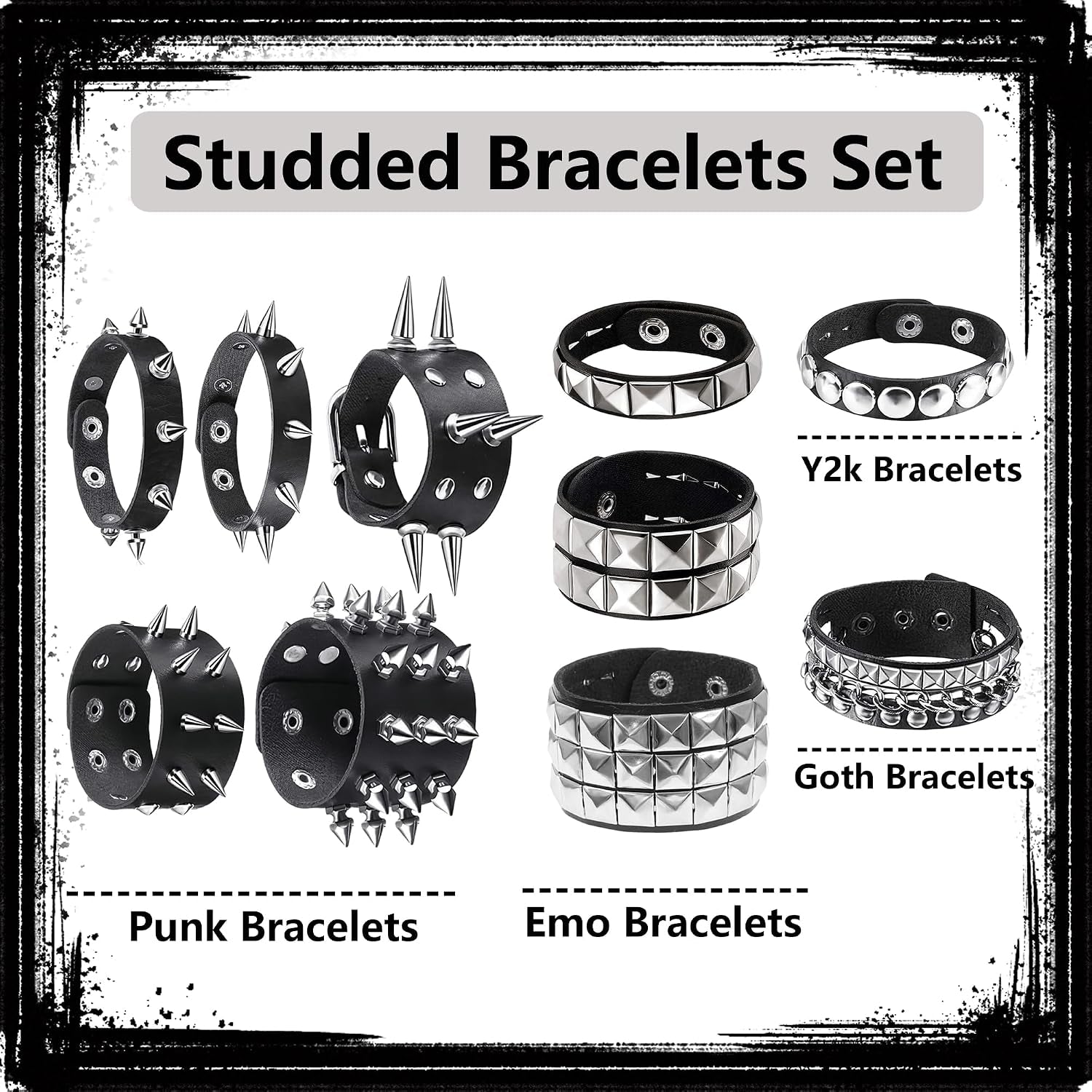 YMO edgy 10-piece studded bracelet set with black leather punk cuffs, perfect goth accessories for men and women.