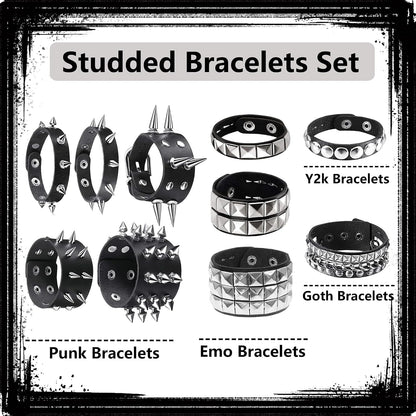 YMO edgy 10-piece studded bracelet set with black leather punk cuffs, perfect goth accessories for men and women.