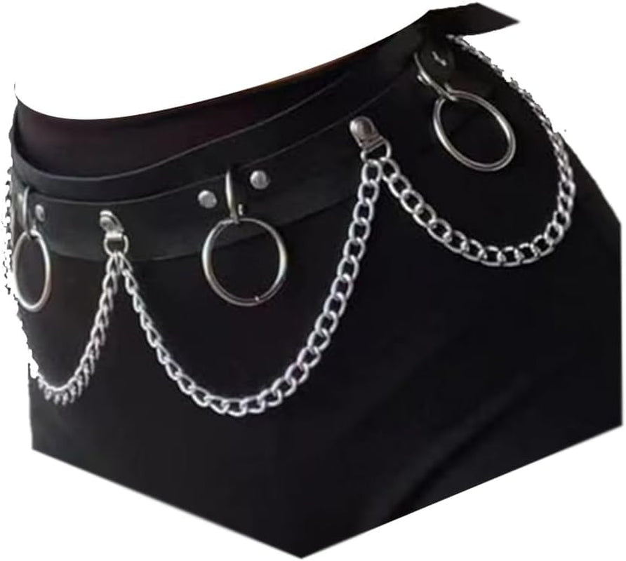 QWALIT punk chain belt for women, black leather accessory with metal chain details, ideal for goth and rave fashion styles.