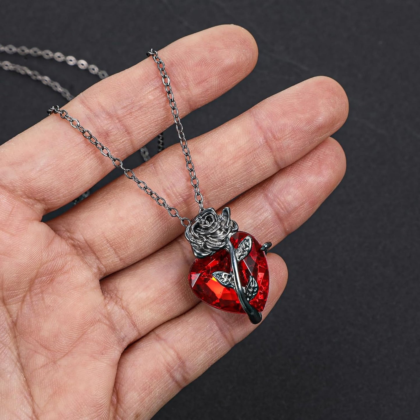 Mabor Gothic Rose Red Heart Pendant Necklace with edgy emo grunge style, featuring a red heart charm on a dark chain.